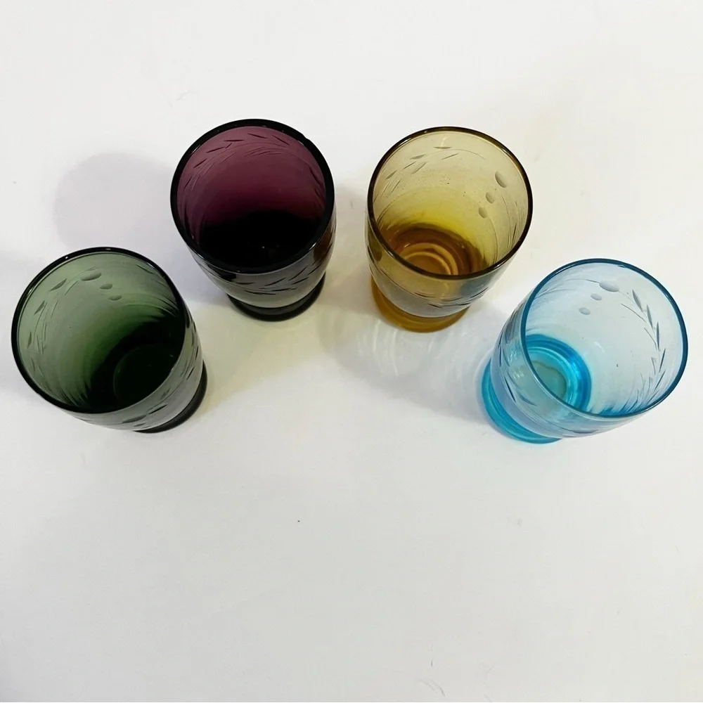Depression Glass Wheat Pattern Cordial Shot Glass Multicolor Hand Cut Liqueur 4x